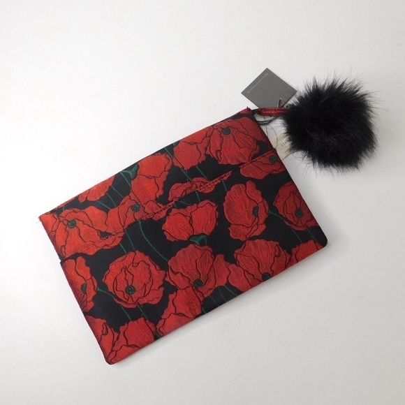 NWT!! Anthropologie MONSERAT DE LUCCA Floral Poppy Envelope Clutch Fur Pom Pom - Picture 10 of 11